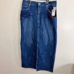 Vezucci Y2K Rhinestone Denim Maxi Skirt NWT Size 8 Sequin Embellished Pencil